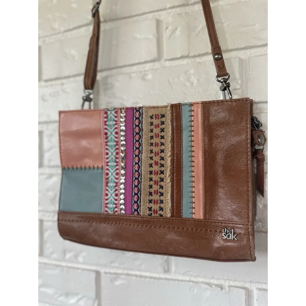 The‎ Sak Cognac/Multicolor Leather Patchwork Crossbody Zip Bag